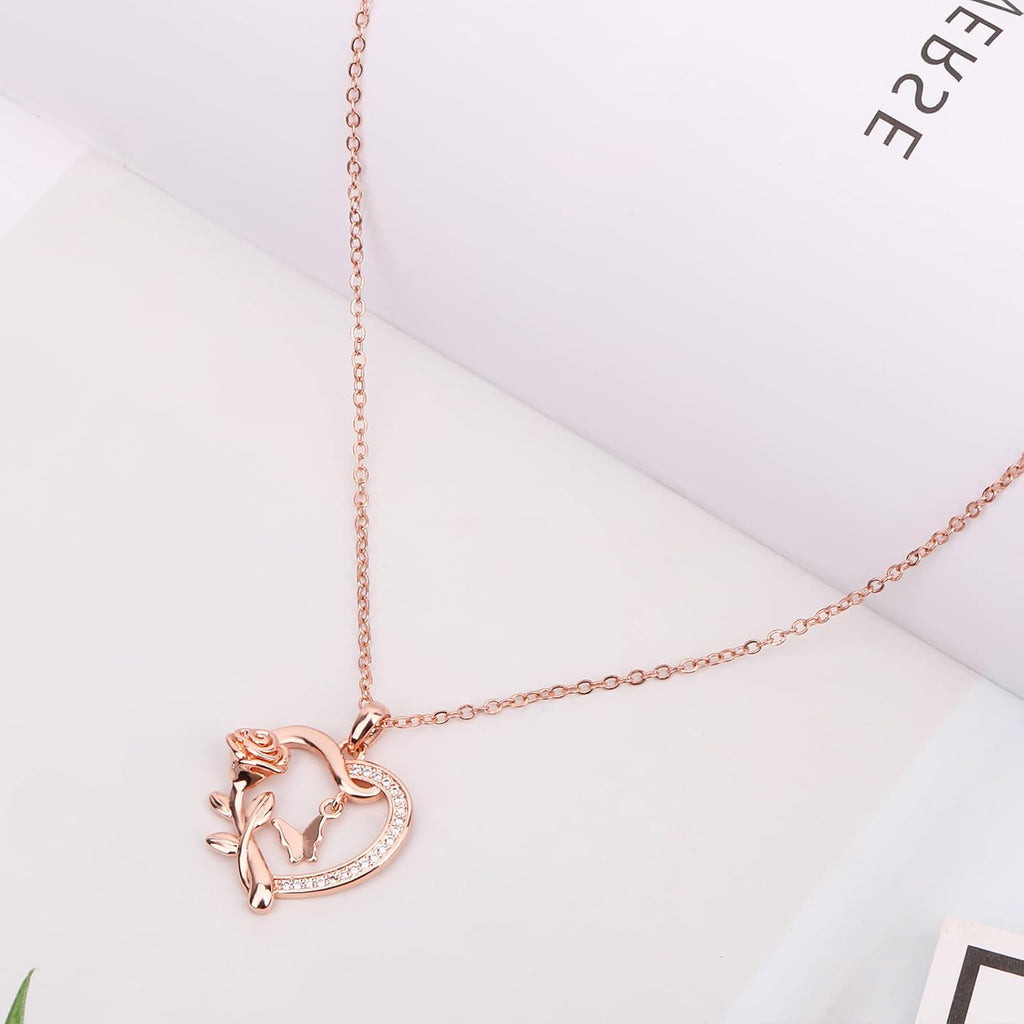 Heart Shaped Butterfly Rose Pendant Necklace 925 Sterling Silver. Ladies Heart Necklace 14k Gold Plated. Birthday Jewelry Gift(rose gold)