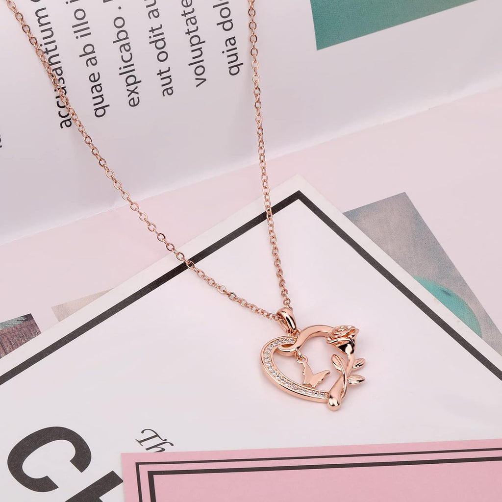Heart Shaped Butterfly Rose Pendant Necklace 925 Sterling Silver. Ladies Heart Necklace 14k Gold Plated. Birthday Jewelry Gift(rose gold)