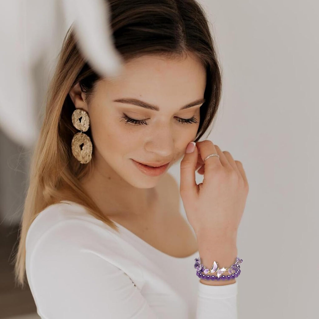 Butterfly Bracelets Healing Bracelet Charm Jewelry Gift with Beaded Bracelets Purple Bracelet for Women (Purple)