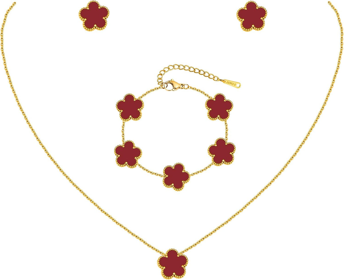 Gold Necklaces Bracelets Earring Set - 18K Gold Plated Flower Bracelet Chain.Stainless Steel Non Tarnish Floral Pendant Stud Jewelry Sets.Christmas Birthday Lucky Gift for Mom Wife Daughter Girlfriend