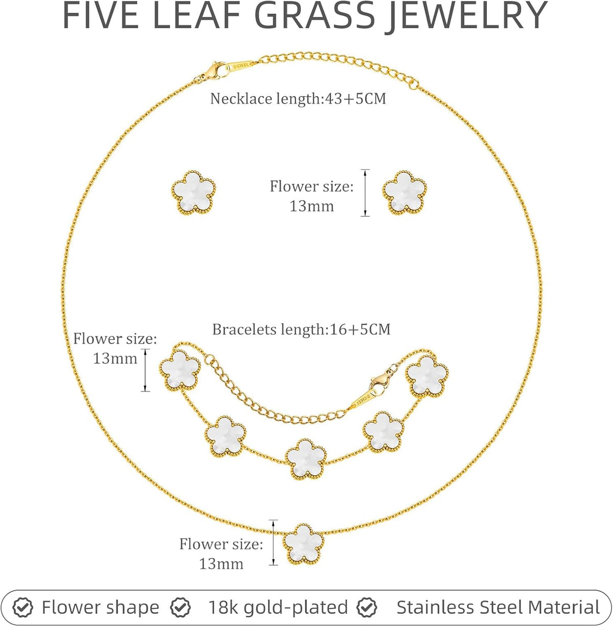 Gold Necklaces Bracelets Earring Set - 18K Gold Plated Flower Bracelet Chain.Stainless Steel Non Tarnish Floral Pendant Stud Jewelry Sets.Christmas Birthday Lucky Gift for Mom Wife Daughter Girlfriend