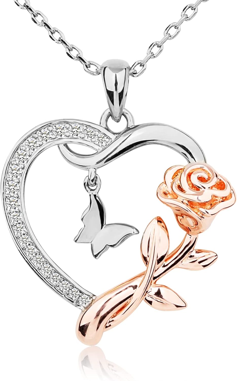 Heart Shaped Butterfly Rose Pendant Necklace 925 Sterling Silver. Ladies Heart Necklace 14k Gold Plated. Birthday Jewelry Gift(rose gold)