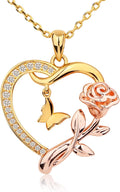 Heart Shaped Butterfly Rose Pendant Necklace 925 Sterling Silver. Ladies Heart Necklace 14k Gold Plated. Birthday Jewelry Gift(rose gold)
