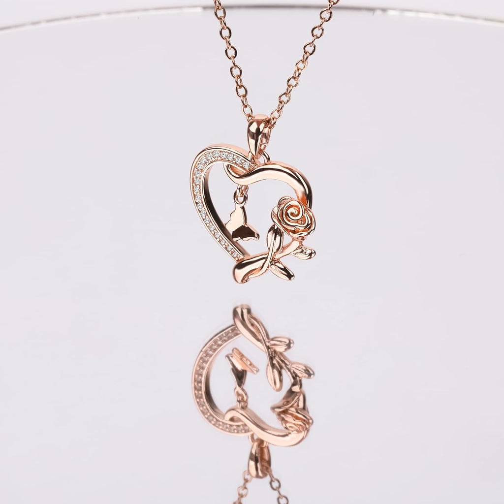 Heart Shaped Butterfly Rose Pendant Necklace 925 Sterling Silver. Ladies Heart Necklace 14k Gold Plated. Birthday Jewelry Gift(rose gold)
