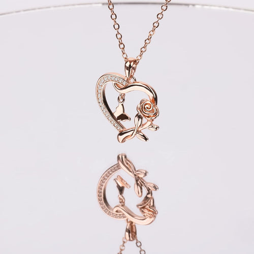 Heart Shaped Butterfly Rose Pendant Necklace 925 Sterling Silver. Ladies Heart Necklace 14k Gold Plated. Birthday Jewelry Gift(rose gold)