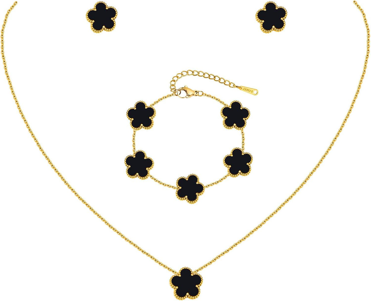 Gold Necklaces Bracelets Earring Set - 18K Gold Plated Flower Bracelet Chain.Stainless Steel Non Tarnish Floral Pendant Stud Jewelry Sets.Christmas Birthday Lucky Gift for Mom Wife Daughter Girlfriend