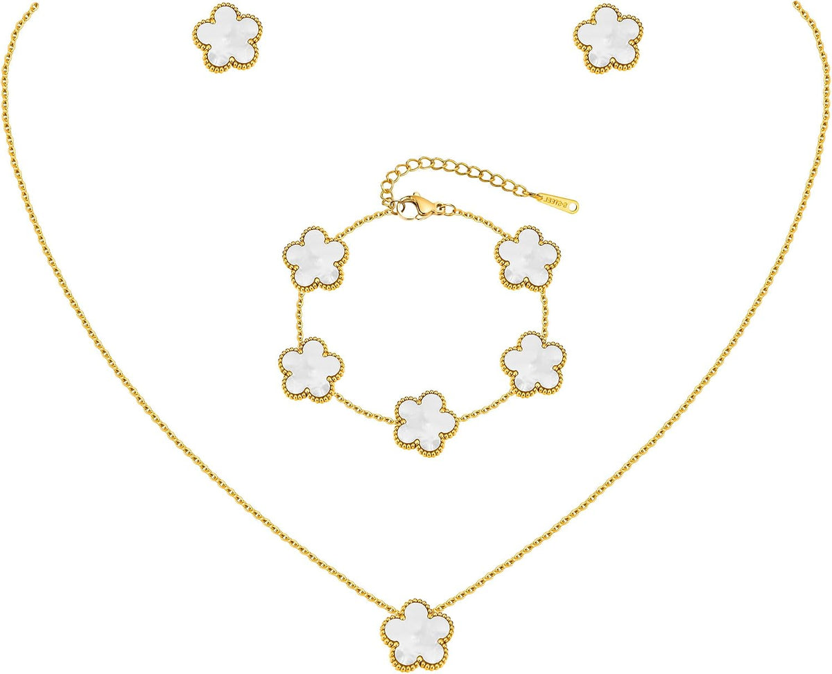 Gold Necklaces Bracelets Earring Set - 18K Gold Plated Flower Bracelet Chain.Stainless Steel Non Tarnish Floral Pendant Stud Jewelry Sets.Christmas Birthday Lucky Gift for Mom Wife Daughter Girlfriend