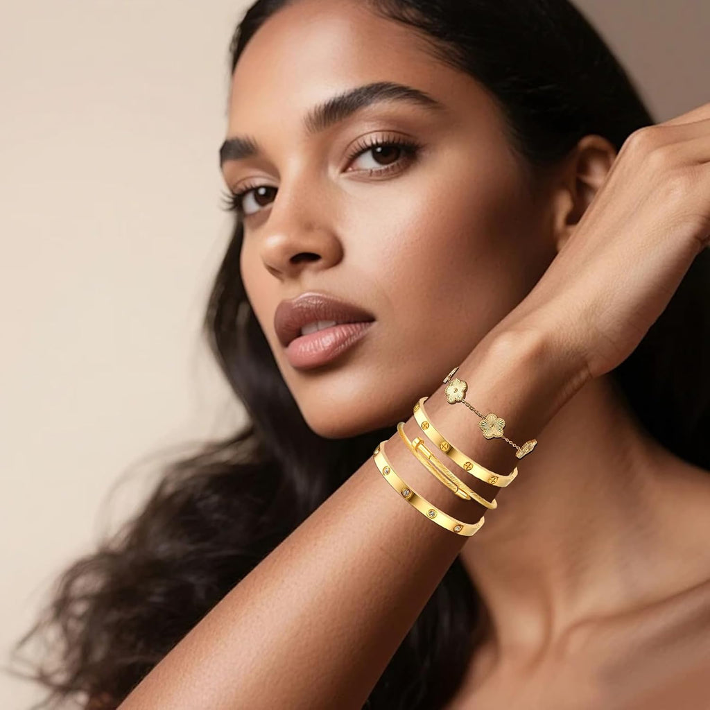 Womens Stackable Floral Gold Bracelets - 4Pcs 18K Gold Plated Bracelet | Stainless Steel Bangle Bracelets Non Tarnish. Gold Bracelet Set Trendy Jewelry.Christmas Valentines Birthday Gifts