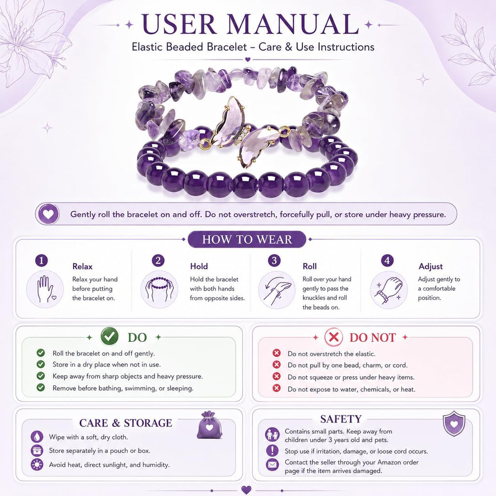 Butterfly Bracelets Healing Bracelet Charm Jewelry Gift with Beaded Bracelets Purple Bracelet for Women (Purple)