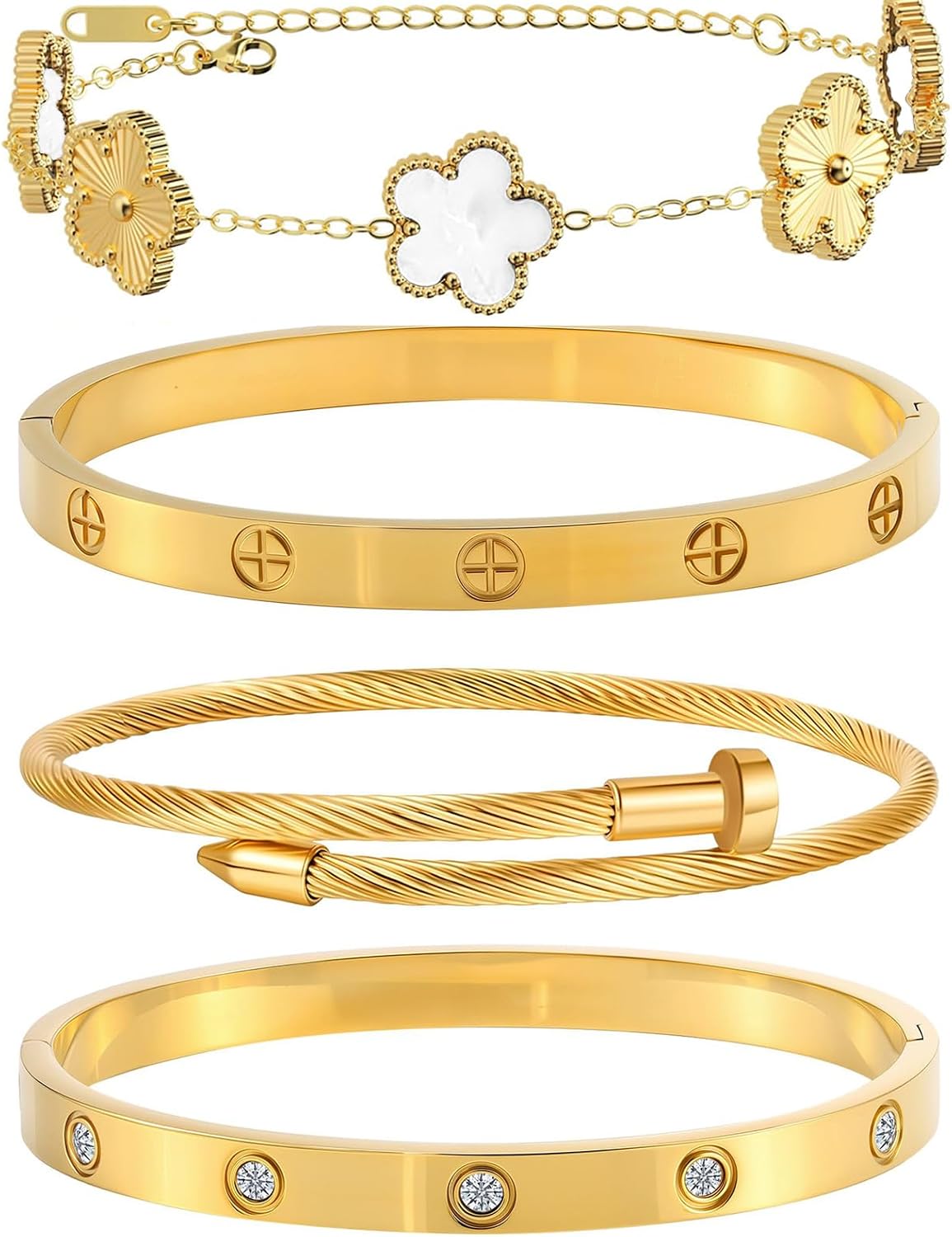 Womens Stackable Floral Gold Bracelets - 4Pcs 18K Gold Plated Bracelet | Stainless Steel Bangle Bracelets Non Tarnish. Gold Bracelet Set Trendy Jewelry.Christmas Valentines Birthday Gifts