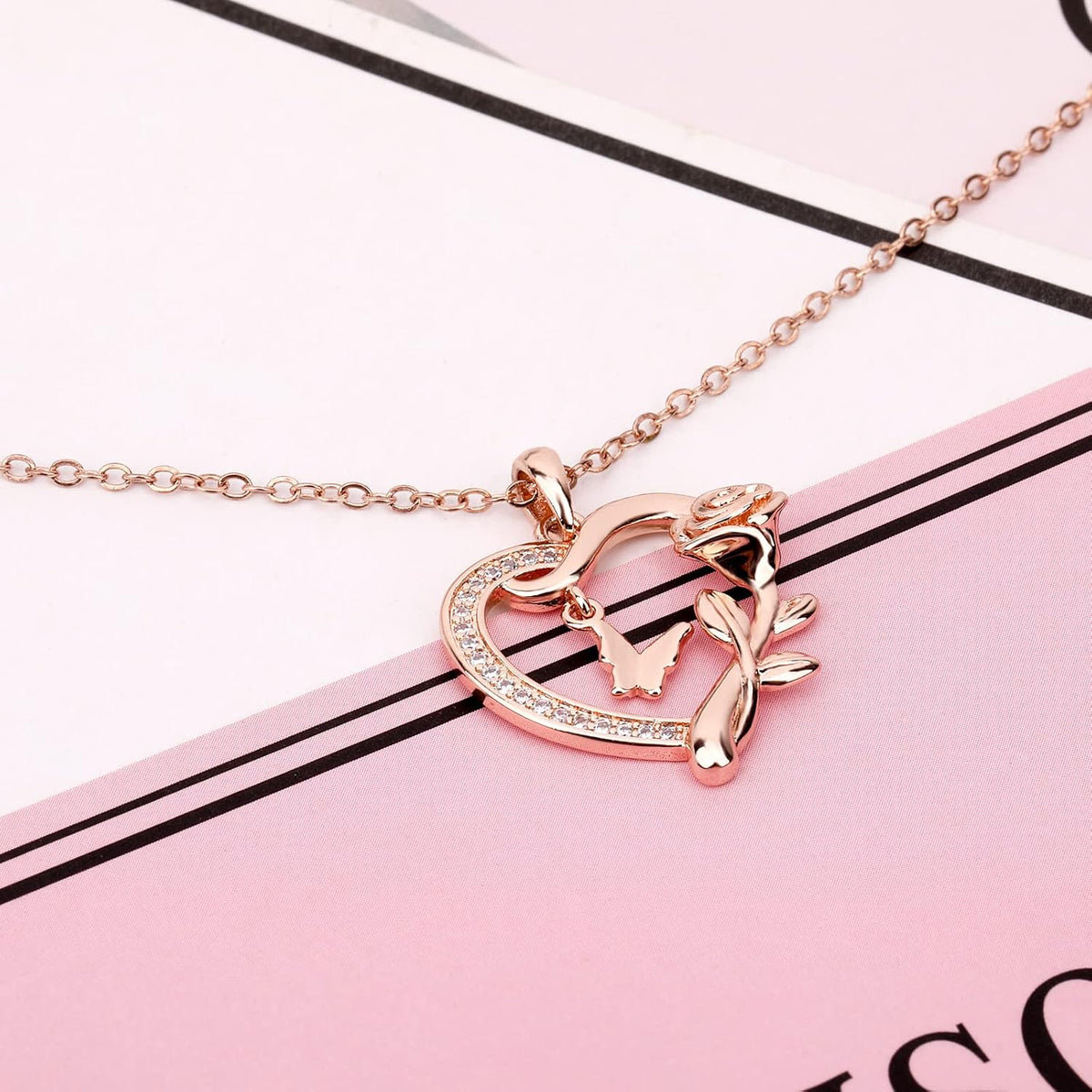 Heart Shaped Butterfly Rose Pendant Necklace 925 Sterling Silver. Ladies Heart Necklace 14k Gold Plated. Birthday Jewelry Gift(rose gold)