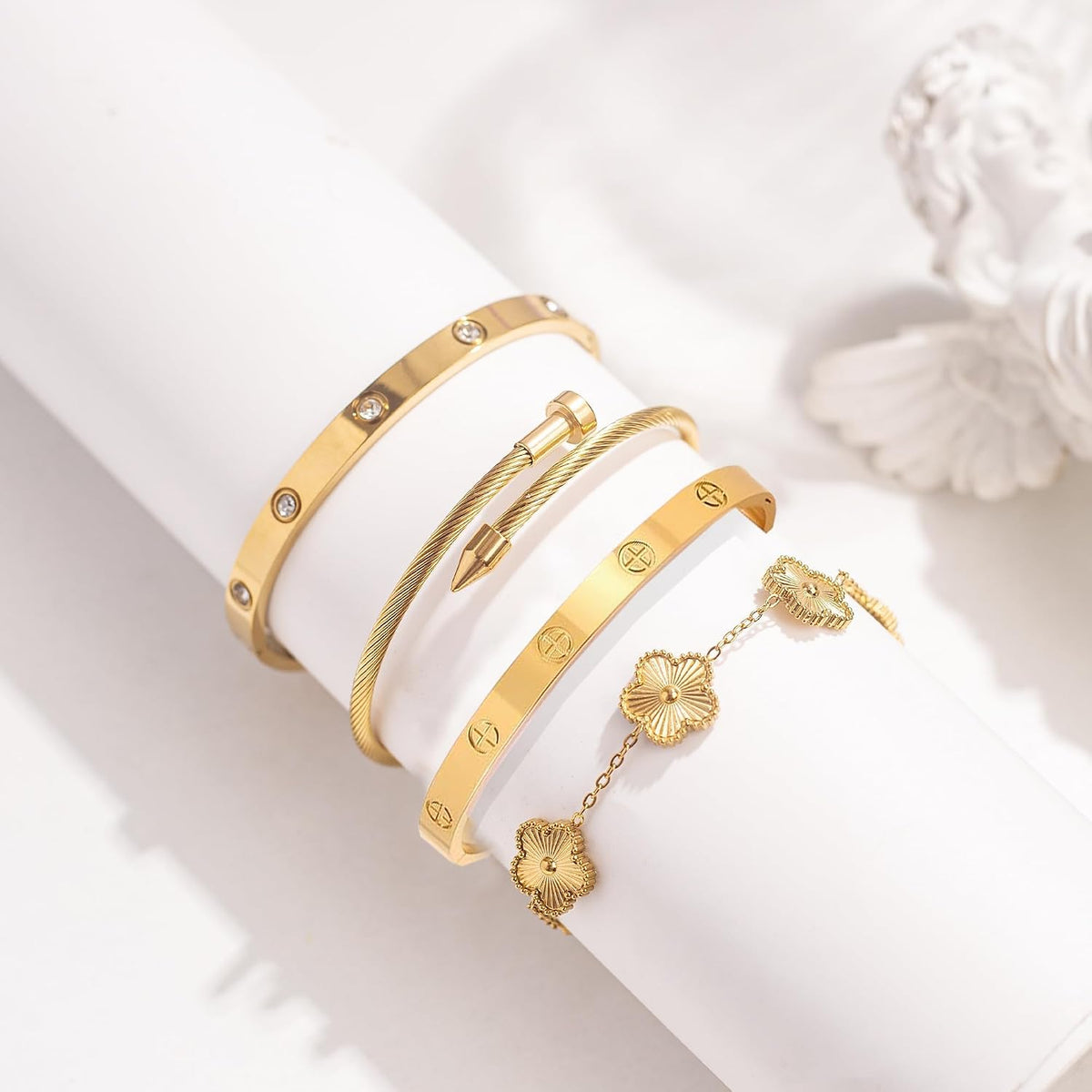 Womens Stackable Floral Gold Bracelets - 4Pcs 18K Gold Plated Bracelet | Stainless Steel Bangle Bracelets Non Tarnish. Gold Bracelet Set Trendy Jewelry.Christmas Valentines Birthday Gifts