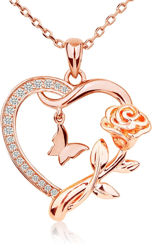 Heart Shaped Butterfly Rose Pendant Necklace 925 Sterling Silver. Ladies Heart Necklace 14k Gold Plated. Birthday Jewelry Gift(rose gold)