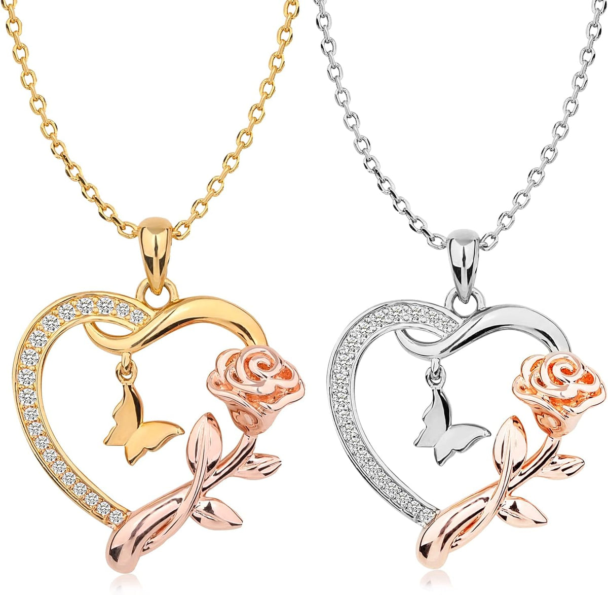 Heart Shaped Butterfly Rose Pendant Necklace 925 Sterling Silver. Ladies Heart Necklace 14k Gold Plated. Birthday Jewelry Gift(rose gold)