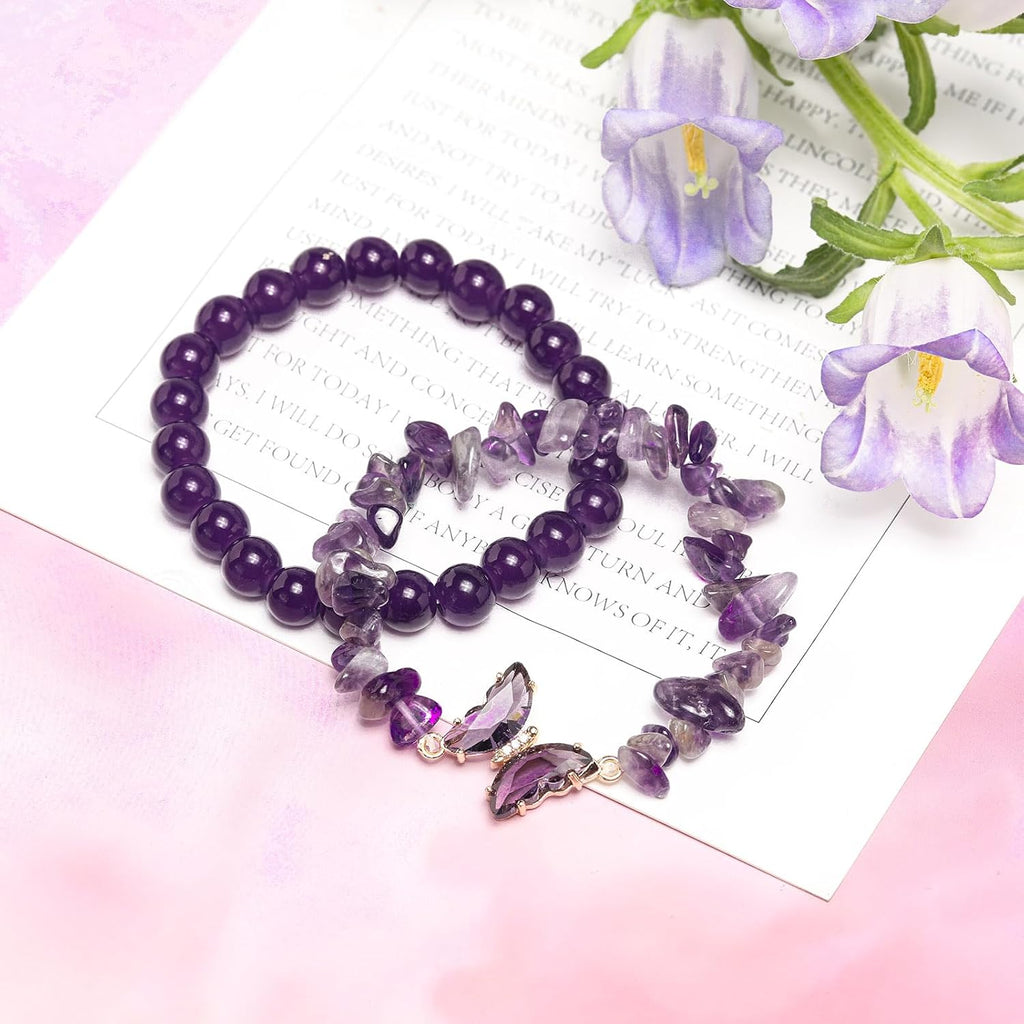 Butterfly Bracelets Healing Bracelet Charm Jewelry Gift with Beaded Bracelets Purple Bracelet for Women (Purple)