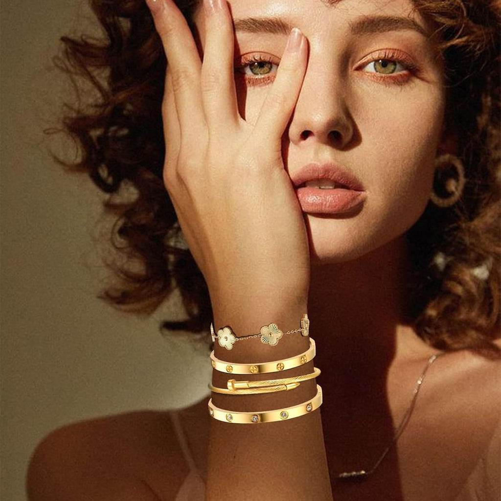 Womens Stackable Floral Gold Bracelets - 4Pcs 18K Gold Plated Bracelet | Stainless Steel Bangle Bracelets Non Tarnish. Gold Bracelet Set Trendy Jewelry.Christmas Valentines Birthday Gifts