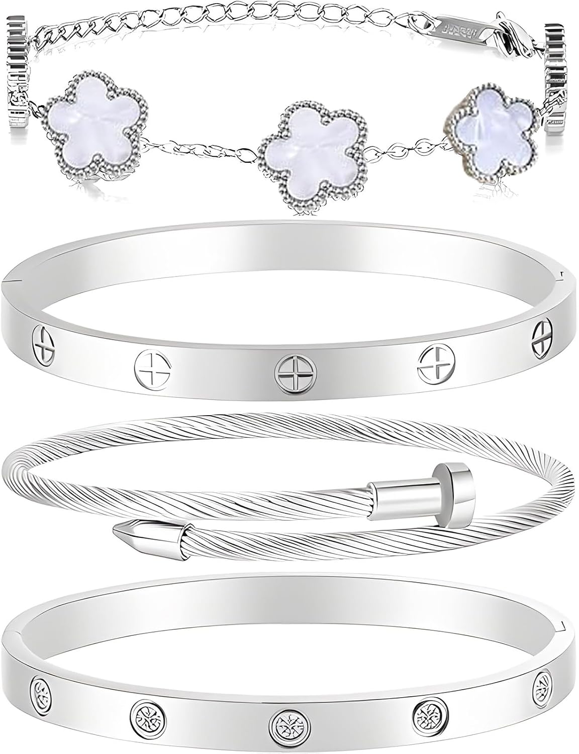 Womens Stackable Floral Gold Bracelets - 4Pcs 18K Gold Plated Bracelet | Stainless Steel Bangle Bracelets Non Tarnish. Gold Bracelet Set Trendy Jewelry.Christmas Valentines Birthday Gifts