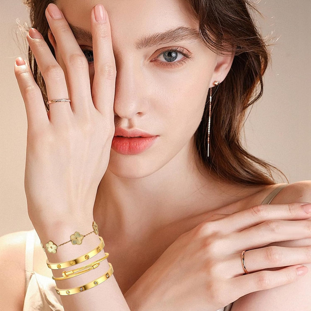 Womens Stackable Floral Gold Bracelets - 4Pcs 18K Gold Plated Bracelet | Stainless Steel Bangle Bracelets Non Tarnish. Gold Bracelet Set Trendy Jewelry.Christmas Valentines Birthday Gifts