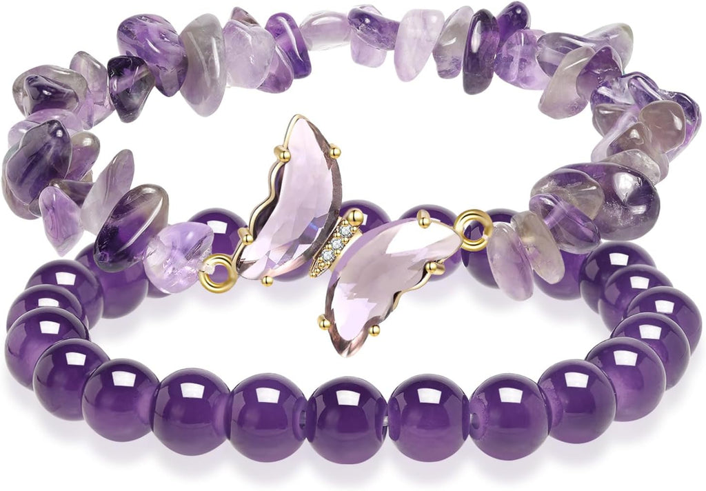 Butterfly Bracelets Healing Bracelet Charm Jewelry Gift with Beaded Bracelets Purple Bracelet for Women (Purple)