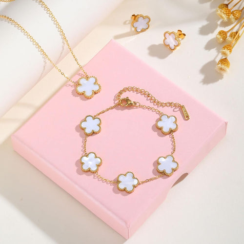 Gold Necklaces Bracelets Earring Set - 18K Gold Plated Flower Bracelet Chain.Stainless Steel Non Tarnish Floral Pendant Stud Jewelry Sets.Christmas Birthday Lucky Gift for Mom Wife Daughter Girlfriend