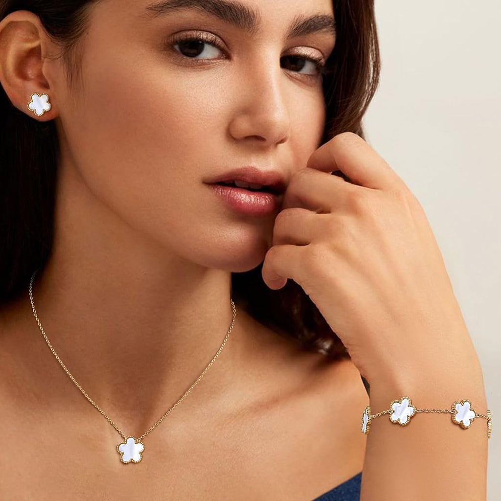 Gold Necklaces Bracelets Earring Set - 18K Gold Plated Flower Bracelet Chain.Stainless Steel Non Tarnish Floral Pendant Stud Jewelry Sets.Christmas Birthday Lucky Gift for Mom Wife Daughter Girlfriend