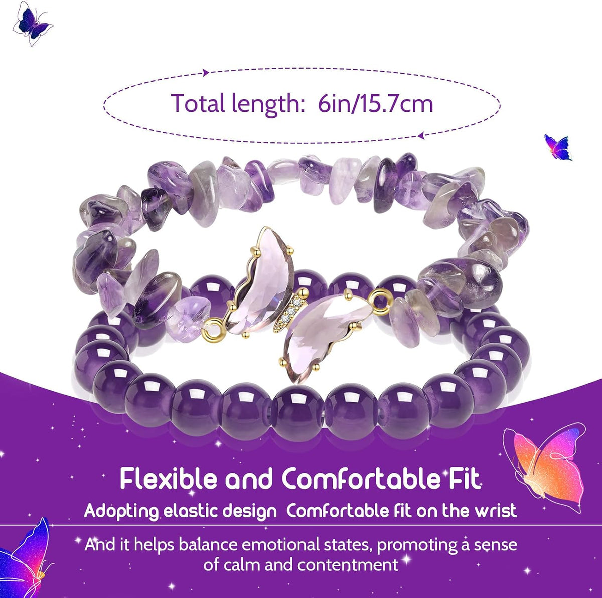 Butterfly Bracelets Healing Bracelet Charm Jewelry Gift with Beaded Bracelets Purple Bracelet for Women (Purple)