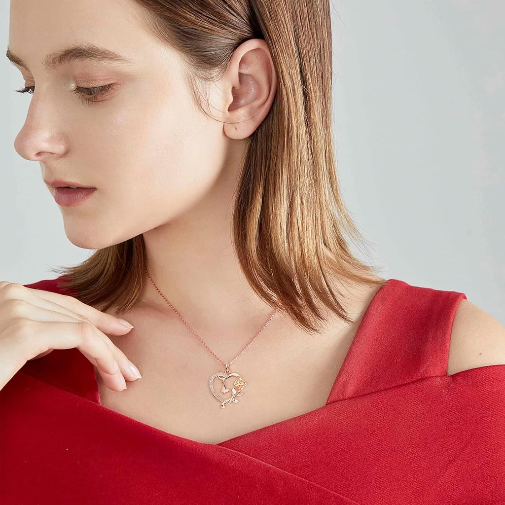 Heart Shaped Butterfly Rose Pendant Necklace 925 Sterling Silver. Ladies Heart Necklace 14k Gold Plated. Birthday Jewelry Gift(rose gold)