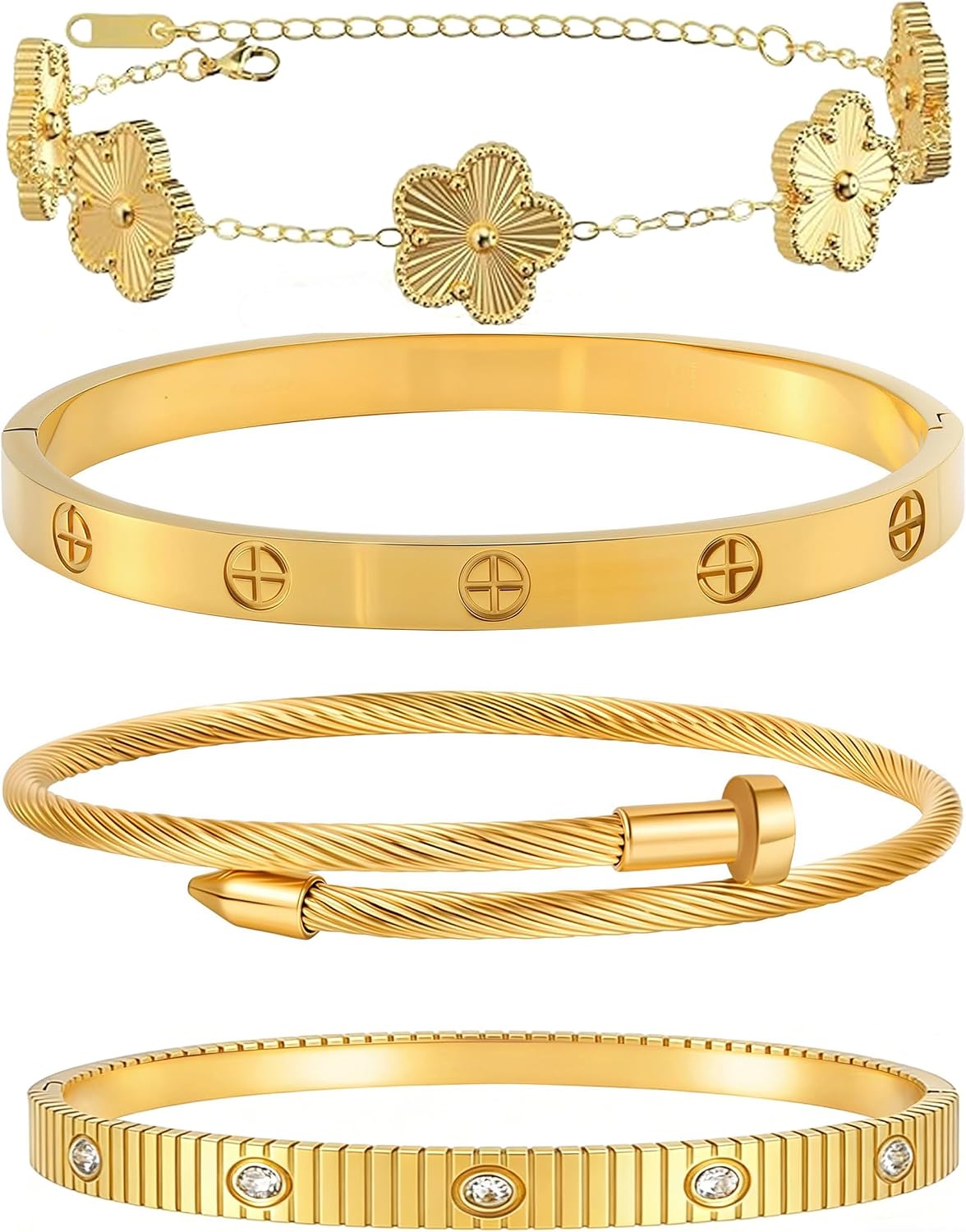 Womens Stackable Floral Gold Bracelets - 4Pcs 18K Gold Plated Bracelet | Stainless Steel Bangle Bracelets Non Tarnish. Gold Bracelet Set Trendy Jewelry.Christmas Valentines Birthday Gifts