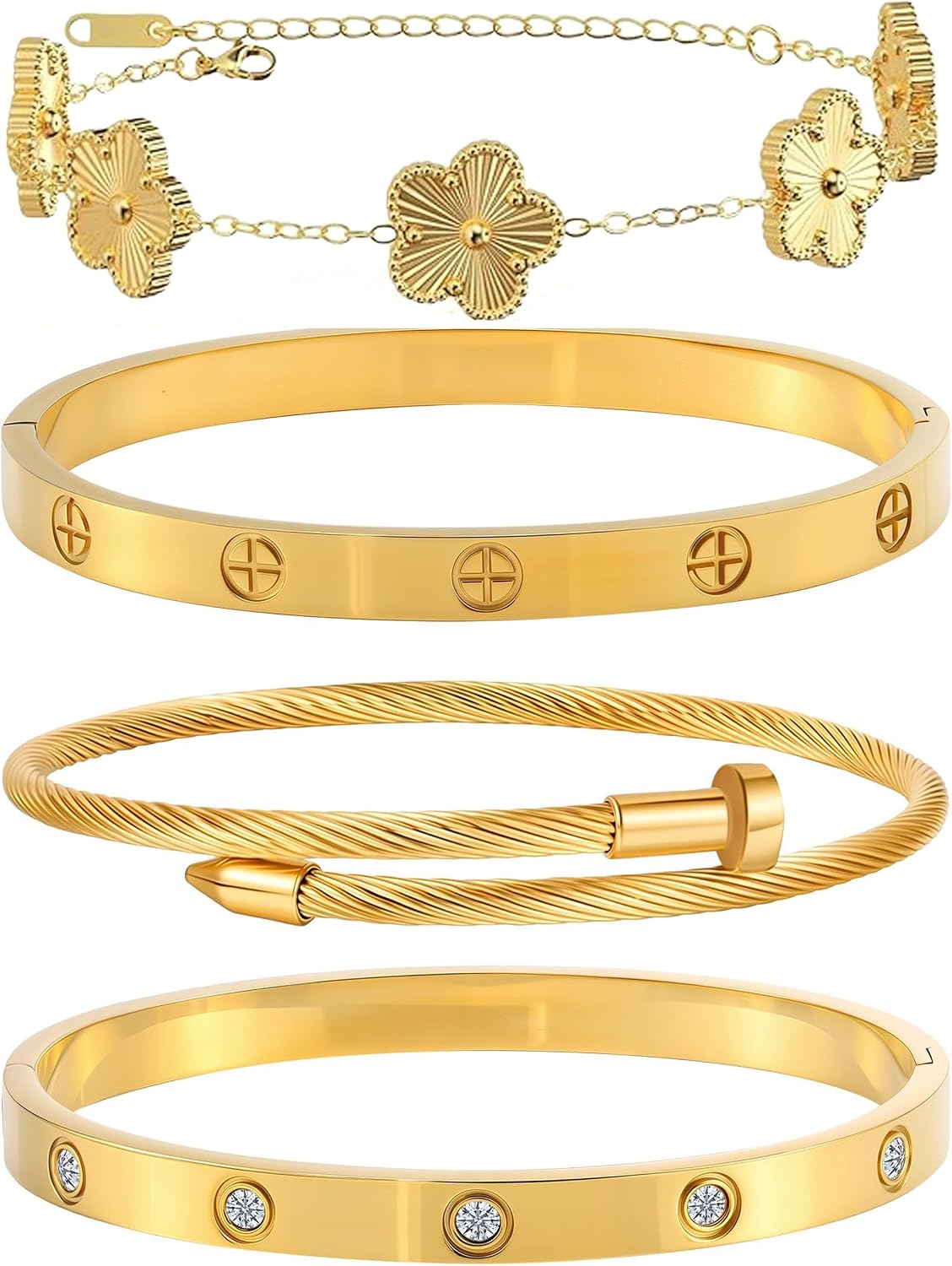 Womens Stackable Floral Gold Bracelets - 4Pcs 18K Gold Plated Bracelet | Stainless Steel Bangle Bracelets Non Tarnish. Gold Bracelet Set Trendy Jewelry.Christmas Valentines Birthday Gifts
