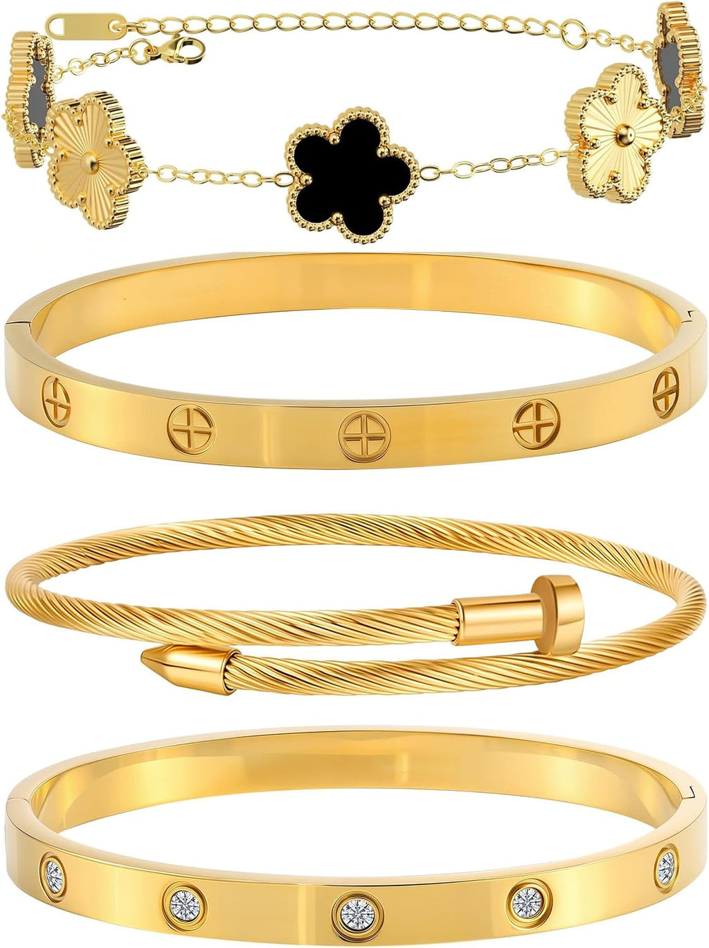 Womens Stackable Floral Gold Bracelets - 4Pcs 18K Gold Plated Bracelet | Stainless Steel Bangle Bracelets Non Tarnish. Gold Bracelet Set Trendy Jewelry.Christmas Valentines Birthday Gifts