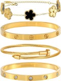 Womens Stackable Floral Gold Bracelets - 4Pcs 18K Gold Plated Bracelet | Stainless Steel Bangle Bracelets Non Tarnish. Gold Bracelet Set Trendy Jewelry.Christmas Valentines Birthday Gifts