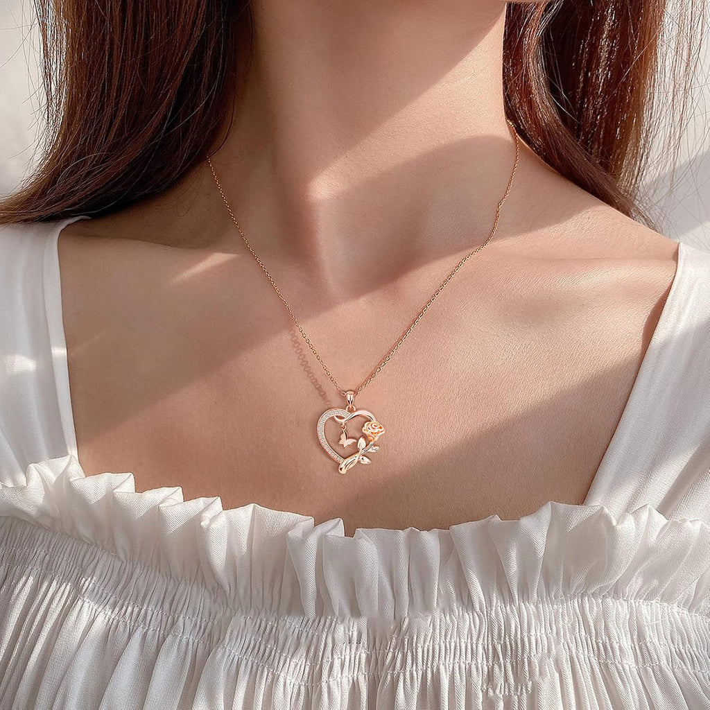 Heart Shaped Butterfly Rose Pendant Necklace 925 Sterling Silver. Ladies Heart Necklace 14k Gold Plated. Birthday Jewelry Gift(rose gold)